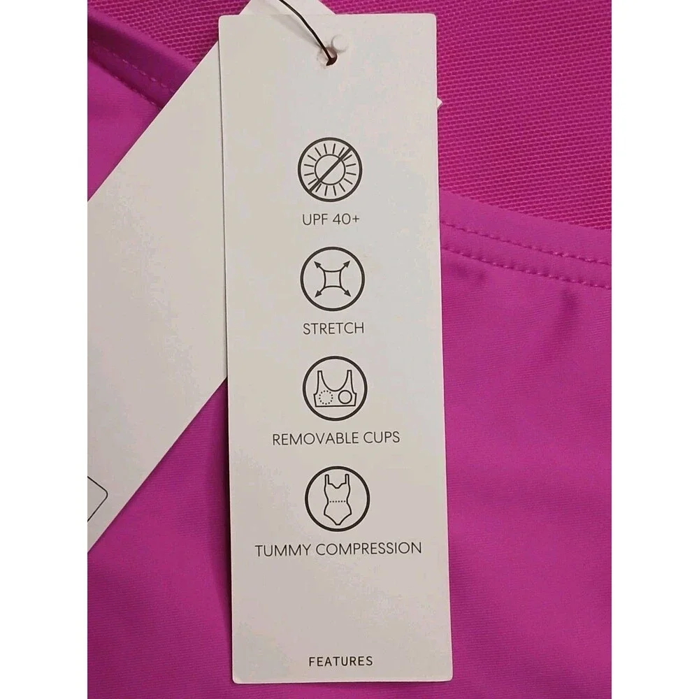 DKNY Swimsuit Sz L Halter Tie Top Ruched Sides Hot Pink Padded UV Protection NWT - Picture 9 of 12